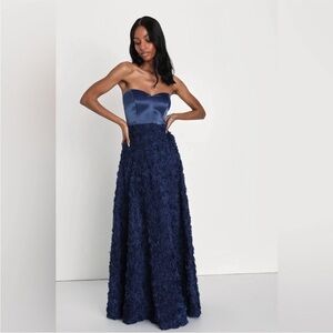 NWT Lulus Enchanting Event Navy Blue Strapless 3D Applique Maxi Dress Size XS